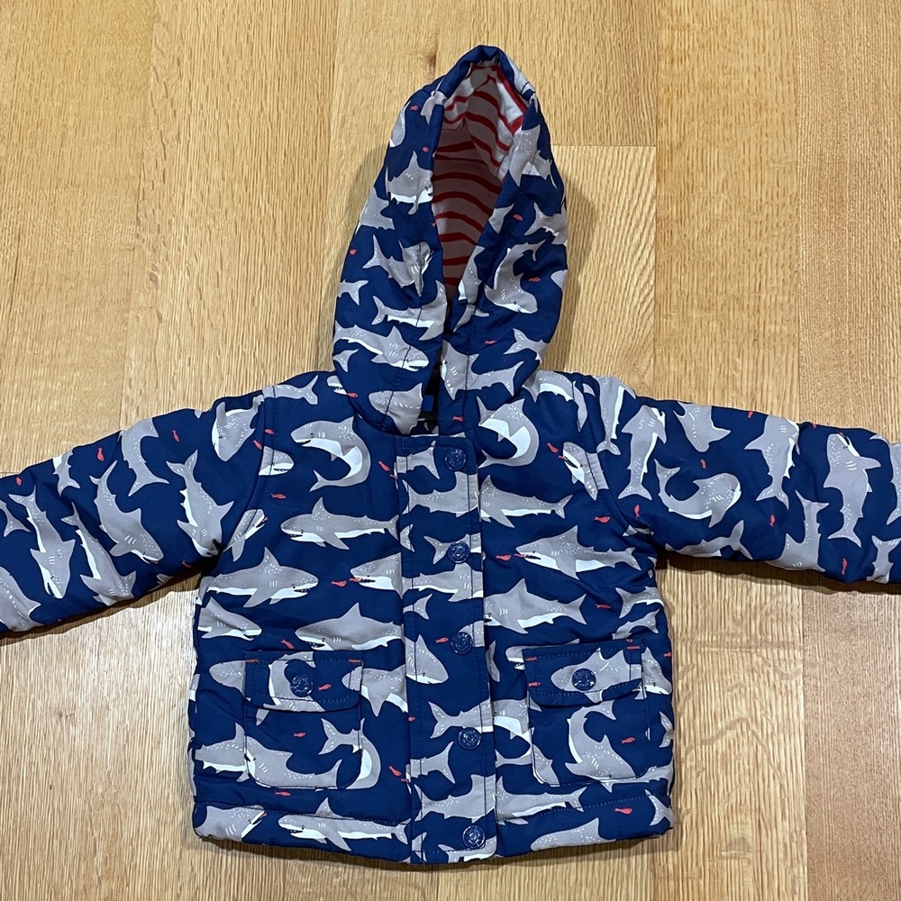 Baby Boden Navy Shark Print Puffer Jacket